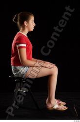 Whole Body Woman White Shirt Jeans Shorts Average Sitting Studio photo references